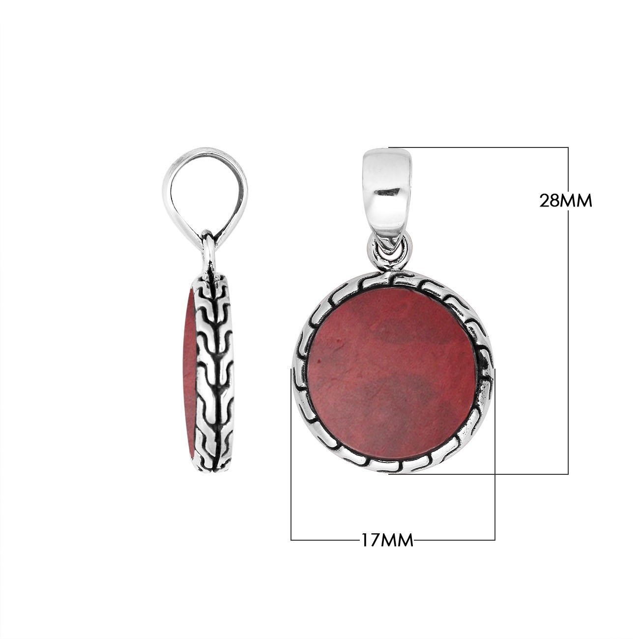 Sterling Silver Red Coral Round Pendant With Balinese Frame Design For Wholesale Buyers.