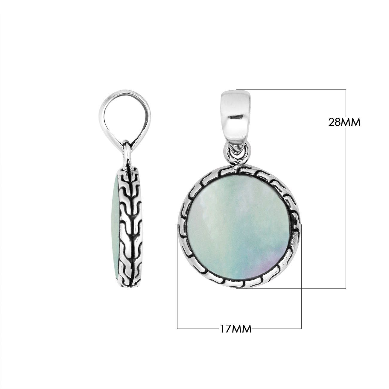 Round sterling silver pendant with mother of pearl and Balinese pattern handcrafted in Bali.