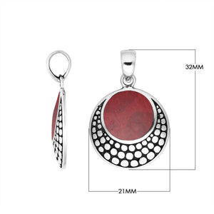 Round sterling silver pendant with red coral and dotted Balinese frame handcrafted in Bali.