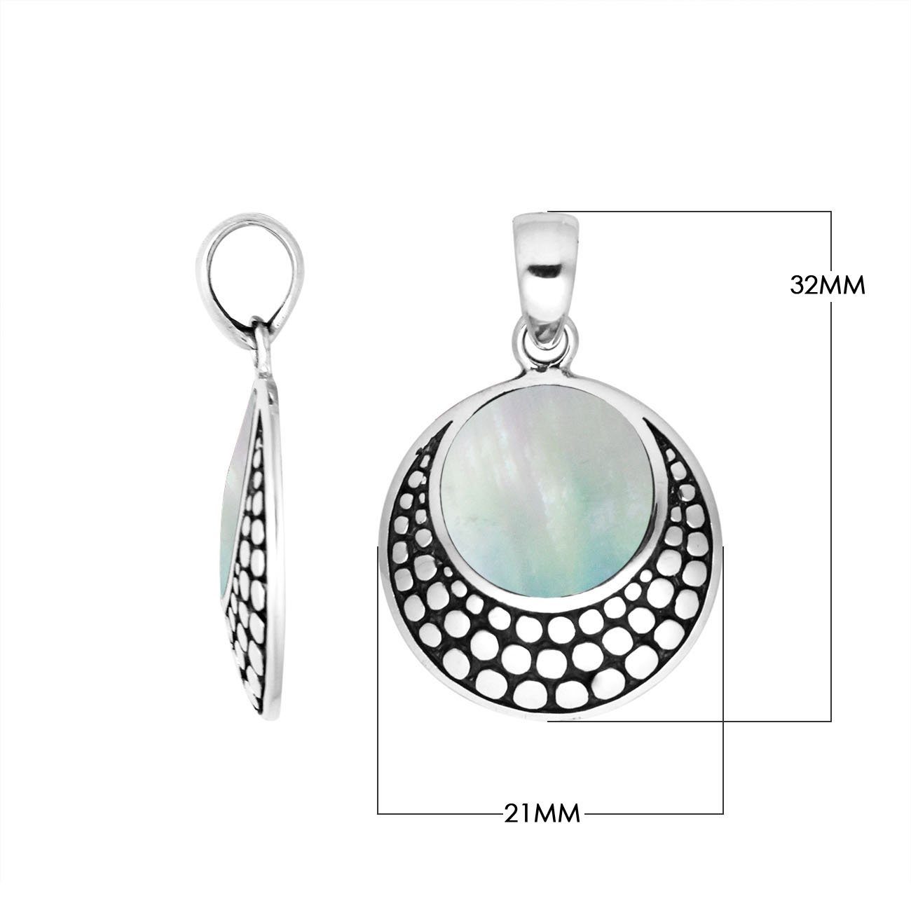 Sterling silver round pendant with mother of pearl and Balinese textured frame handcrafted in Bali.