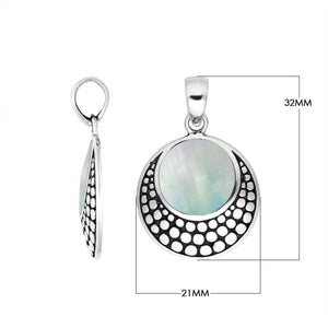 Sterling silver round pendant with mother of pearl and Balinese textured frame handcrafted in Bali.