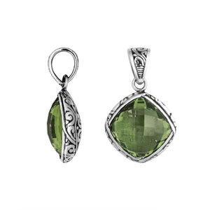 Sterling silver green amethyst quartz cushion pendant with Balinese scroll pattern handcrafted in Bali.