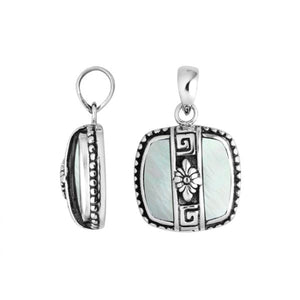 Beautifully handcrafted 925 Sterling Silver Mother Of Pearl square pendant with floral Balinese detailing, mirror-polished finish, and elegant silver artistry for wholesale jewelry collections.