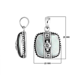Beautifully handcrafted 925 Sterling Silver Mother Of Pearl square pendant with floral Balinese detailing, mirror-polished finish, and elegant silver artistry for wholesale jewelry collections.