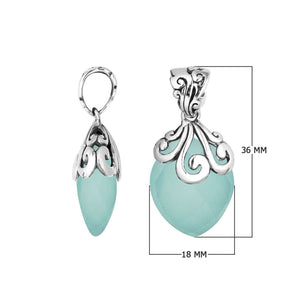Handcrafted 925 Sterling Silver Green Chalcedony Quartz marquise pendant featuring elegant swirl filigree detailing, mirror-polished finish, and artistic Balinese craftsmanship for wholesale jewelry collections.