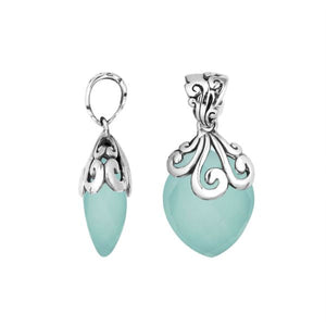 Handcrafted 925 Sterling Silver Green Chalcedony Quartz marquise pendant featuring elegant swirl filigree detailing, mirror-polished finish, and artistic Balinese craftsmanship for wholesale jewelry collections.