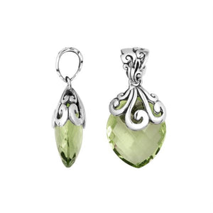 Handcrafted 925 Sterling Silver Green Amethyst Quartz marquise pendant with swirl filigree detailing, mirror-polished finish, and classic Balinese design for wholesale jewelry collections.