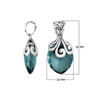 Handcrafted 925 Sterling Silver London Blue Topaz Quartz marquise pendant featuring swirl filigree detailing, mirror-polished surface, and Balinese-inspired artistic finish for wholesale jewelry catalogs.