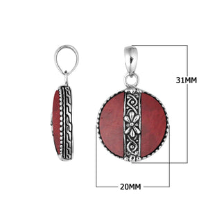 Handcrafted 925 Sterling Silver Red Coral round pendant with floral center detailing, mirror-polished surface, and elegant Balinese craftsmanship for wholesale jewelry collections.