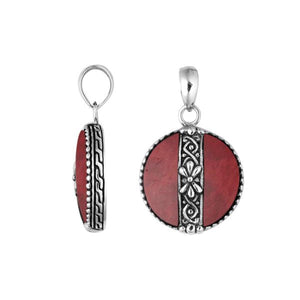 Handcrafted 925 Sterling Silver Red Coral round pendant with floral center detailing, mirror-polished surface, and elegant Balinese craftsmanship for wholesale jewelry collections.