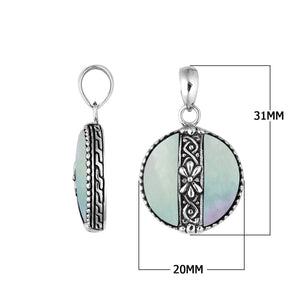 Handcrafted 925 Sterling Silver Mother Of Pearl round pendant featuring floral center pattern, mirror-polished surface, and Balinese craftsmanship for wholesale jewelry buyers and catalogs.