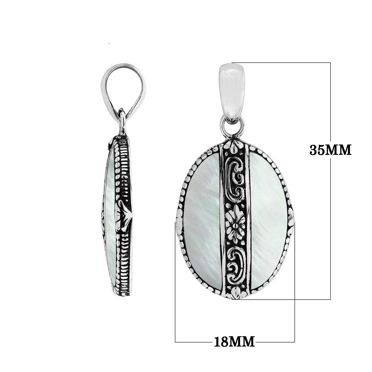 Handcrafted 925 Sterling Silver Mother Of Pearl oval pendant featuring floral center detailing, high-gloss mirror-polished finish, and classic Balinese craftsmanship for wholesale jewelry.