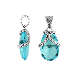 Handcrafted 925 Sterling Silver Blue Topaz Quartz pear pendant featuring a textured bail design, mirror-polished finish, and Balinese craftsmanship for wholesale jewelry buyers.