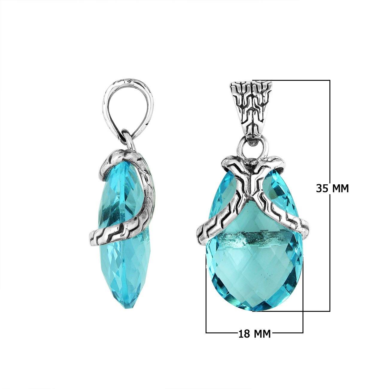 Handcrafted 925 Sterling Silver Blue Topaz Quartz pear pendant featuring a textured bail design, mirror-polished finish, and Balinese craftsmanship for wholesale jewelry buyers.