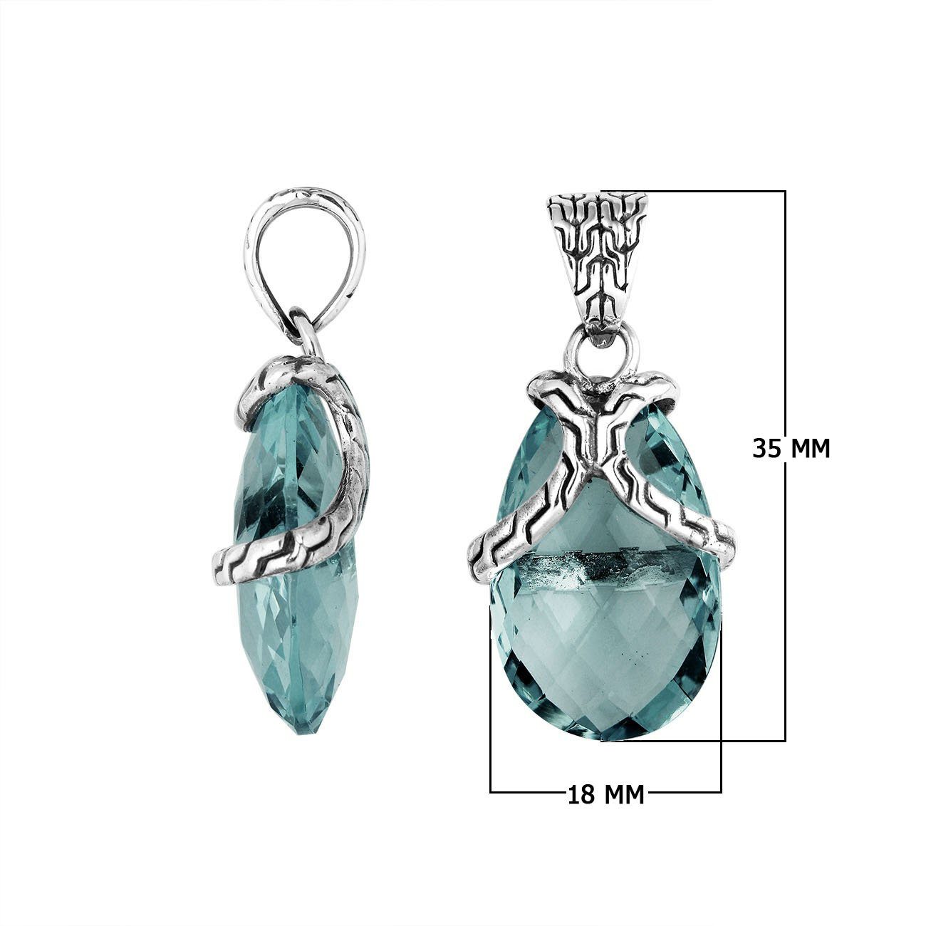 Handcrafted 925 Sterling Silver London Blue Topaz Quartz pear pendant featuring textured bail design, mirror-polished surface, and Balinese artistry for wholesale jewelry buyers.