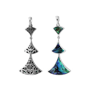 Handcrafted 925 Sterling Silver Abalone Shell multi-tier triangle pendant featuring ornate scroll pattern, mirror-polished finish, and Balinese design for wholesale jewelry collections.