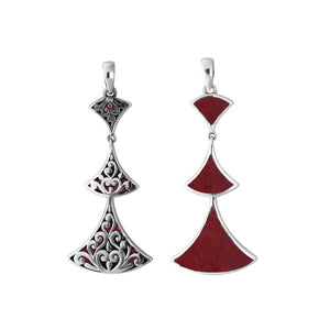 Handcrafted 925 Sterling Silver Red Coral pendant featuring multi-tier triangle design, ornate scroll pattern, and mirror-polished finish for elegant wholesale jewelry collections.