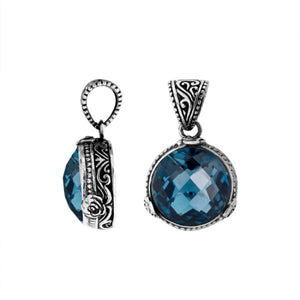 Sterling Silver London Blue Topaz Quartz Round Pendant With Ornate Balinese Motif For Wholesale Buyers