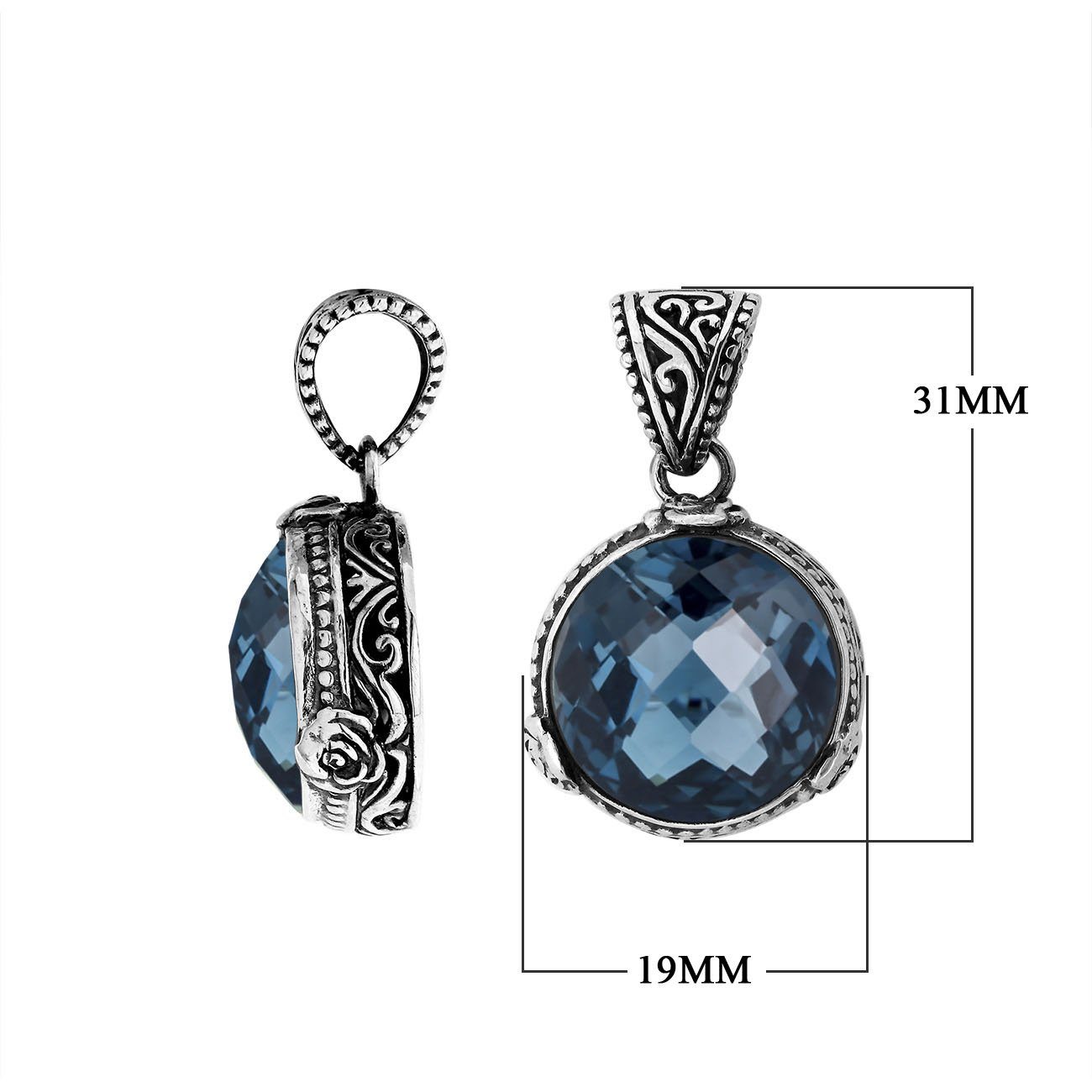 Sterling Silver London Blue Topaz Quartz Round Pendant With Ornate Balinese Motif For Wholesale Buyers