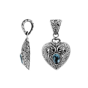 Sterling Silver Blue Topaz Quartz Heart Pendant With Balinese Scrollwork And Polished Finish For Wholesale Buyers