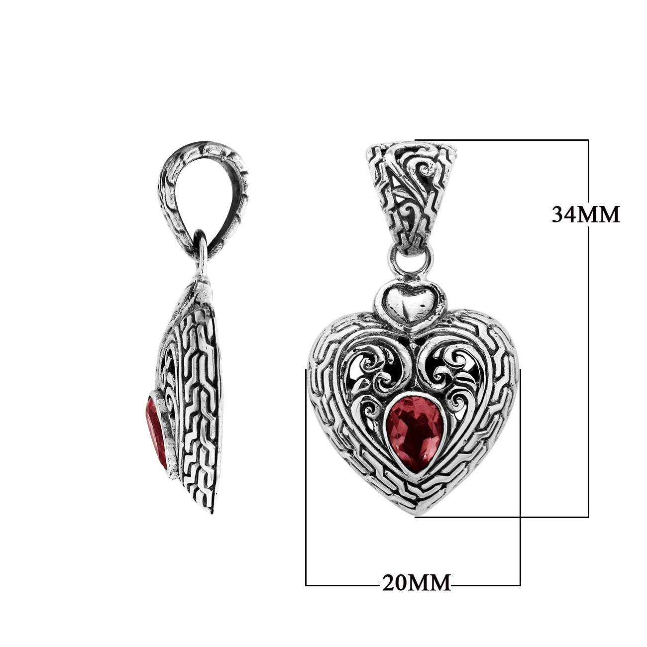 Sterling Silver Red Garnet Quartz Heart Pendant With Balinese Scrollwork And Polished Finish For Wholesale Buyers