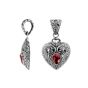 Sterling Silver Red Garnet Quartz Heart Pendant With Balinese Scrollwork And Polished Finish For Wholesale Buyers