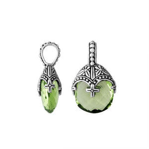 Sterling silver heart pendant with green amethyst quartz and ornate Balinese handcrafted pattern