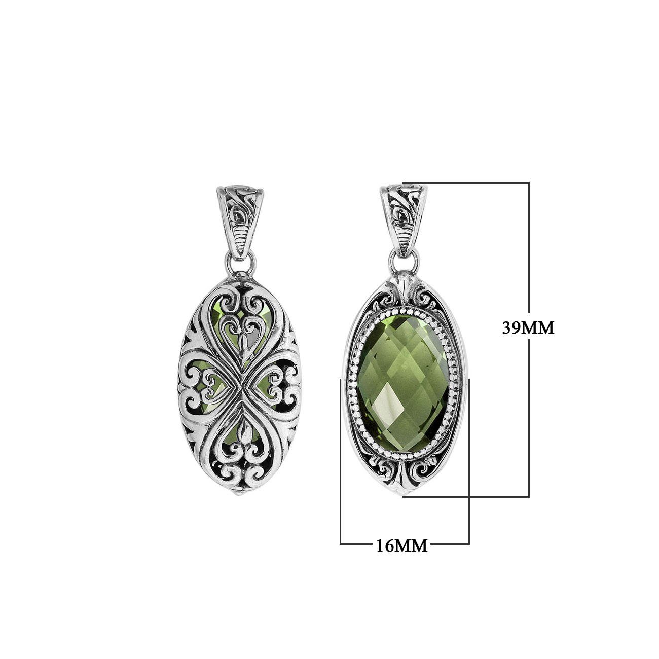 Sterling silver oval pendant with Green Amethyst Quartz and Balinese filigree handcrafted design