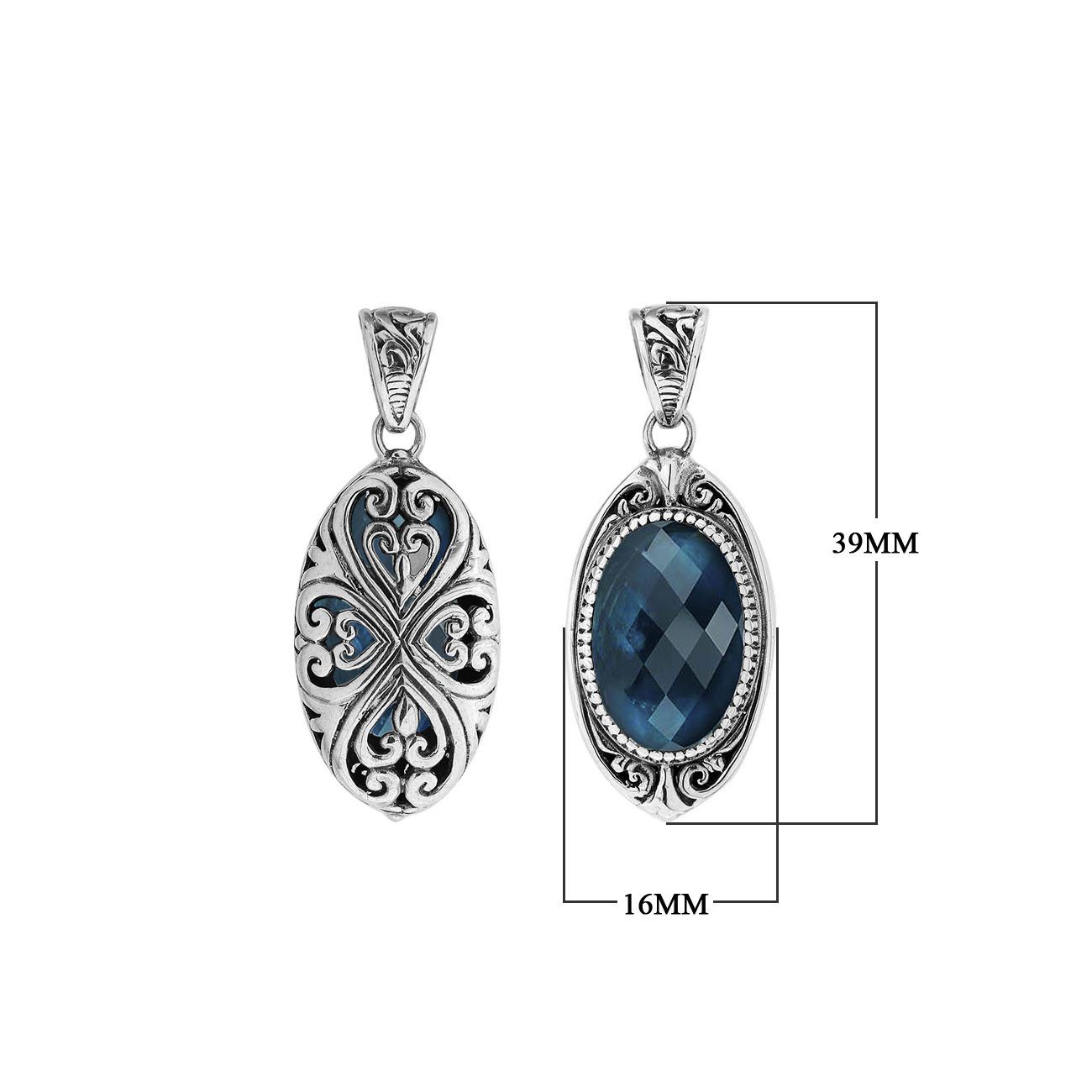Sterling silver oval pendant with London Blue Topaz Quartz and Balinese filigree handcrafted design