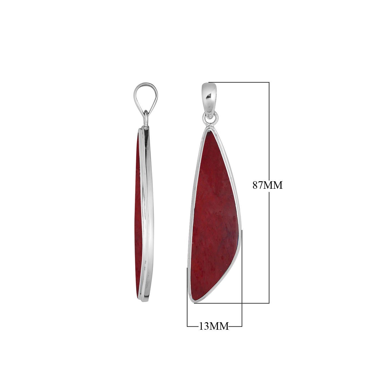 Sterling silver long triangular pendant with Red Coral handcrafted in modern Balinese design