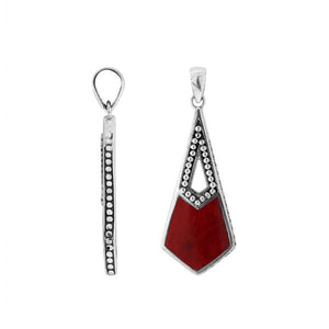 Sterling silver long geometric pendant with Red Coral handcrafted in modern Balinese design