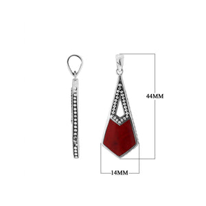Sterling silver long geometric pendant with Red Coral handcrafted in modern Balinese design