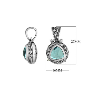 Sterling silver triangular pendant with Blue Topaz Quartz handcrafted in traditional Balinese design
