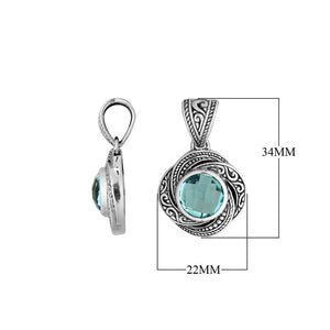 Sterling silver round pendant with Blue Topaz Quartz handcrafted in traditional Balinese design