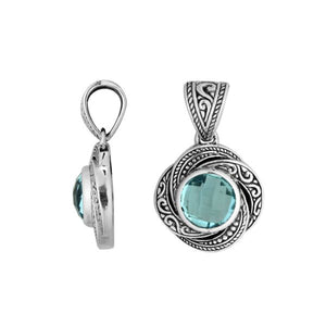Sterling silver round pendant with Blue Topaz Quartz handcrafted in traditional Balinese design