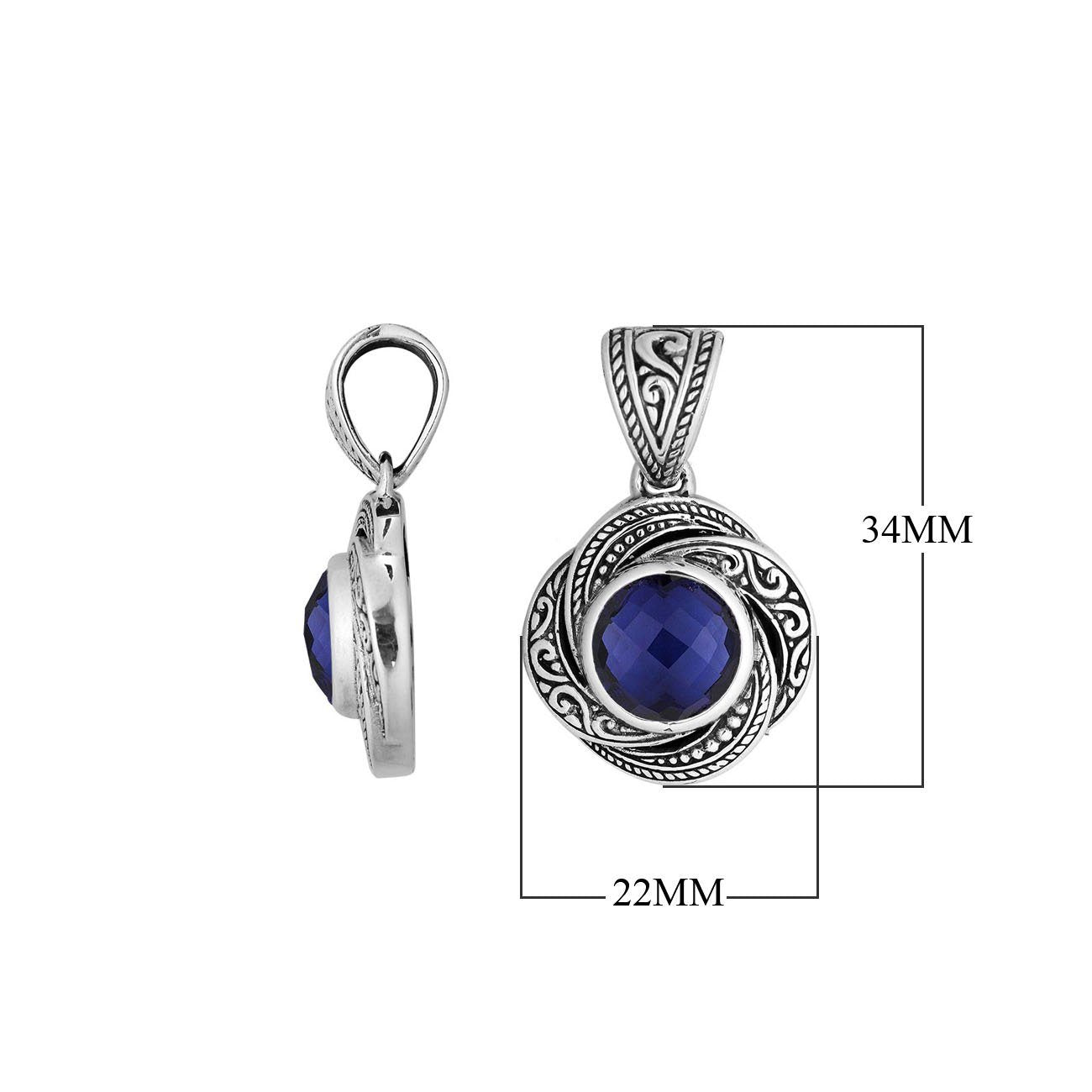 A handcrafted sterling silver pendant featuring a rich Sapphire Quartz surrounded by intricate swirl filigree detailing, reflecting the refined artistry of traditional Balinese jewelry design.