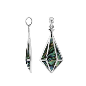 A handcrafted sterling silver pendant featuring a luminous Abalone Shell in a geometric triangular pattern, showcasing a fusion of modern and Balinese artistry.