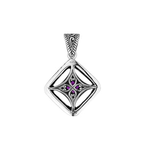 A handcrafted sterling silver pendant featuring vibrant Amethyst Quartz in an ornate square filigree frame, showcasing detailed Balinese silver artistry.