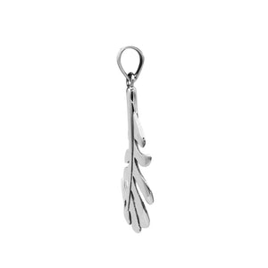 A handcrafted sterling silver feather pendant featuring a flowing leaf design with a mirror-polished finish and smooth texture.