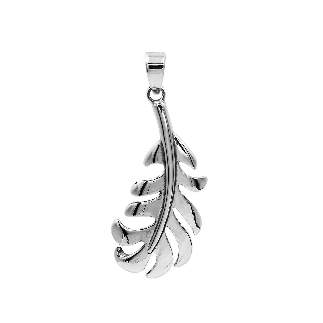 A handcrafted sterling silver feather pendant featuring a flowing leaf design with a mirror-polished finish and smooth texture.