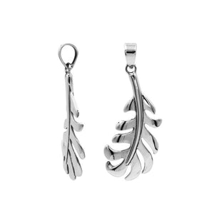 A handcrafted sterling silver feather pendant featuring a flowing leaf design with a mirror-polished finish and smooth texture.