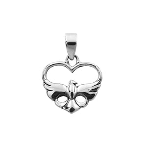 A handcrafted sterling silver heart and dove pendant featuring a minimalist design and a mirror-polished finish with Balinese artistry.