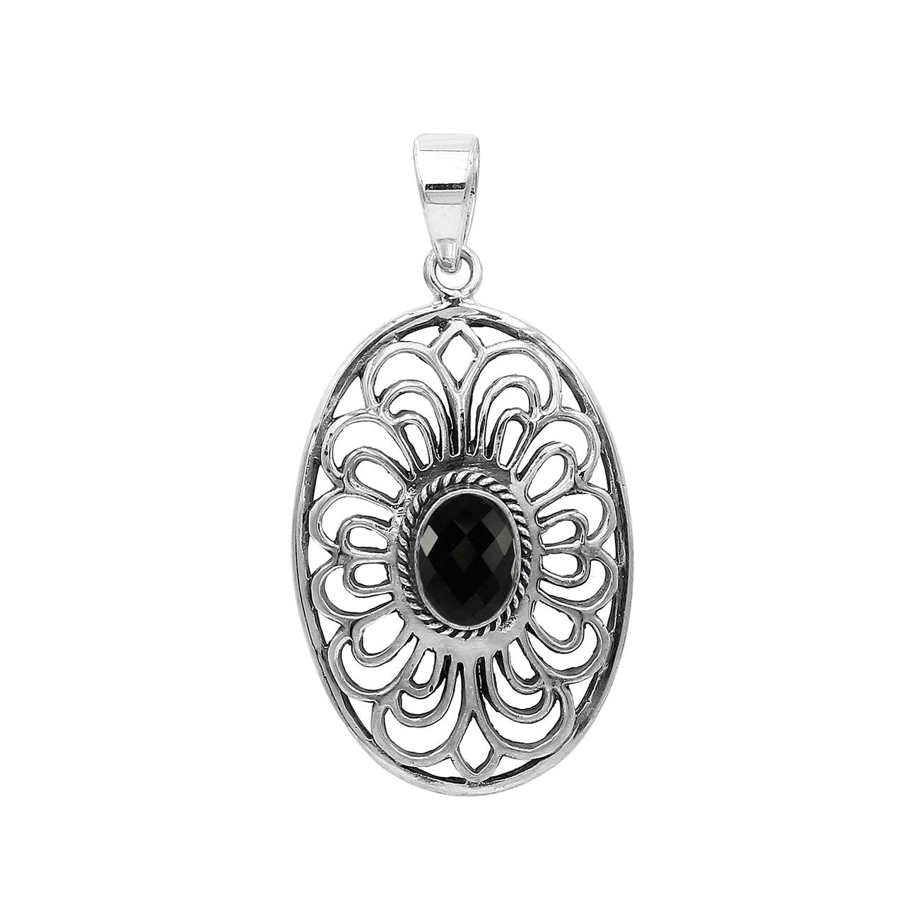A handcrafted sterling silver pendant featuring a faceted Black Onyx in an elegant oval Balinese filigree frame.
