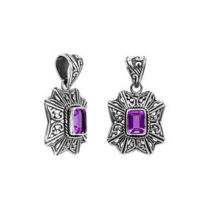 Handcrafted sterling silver rectangular pendant with Amethyst Quartz center and traditional Balinese motif design.