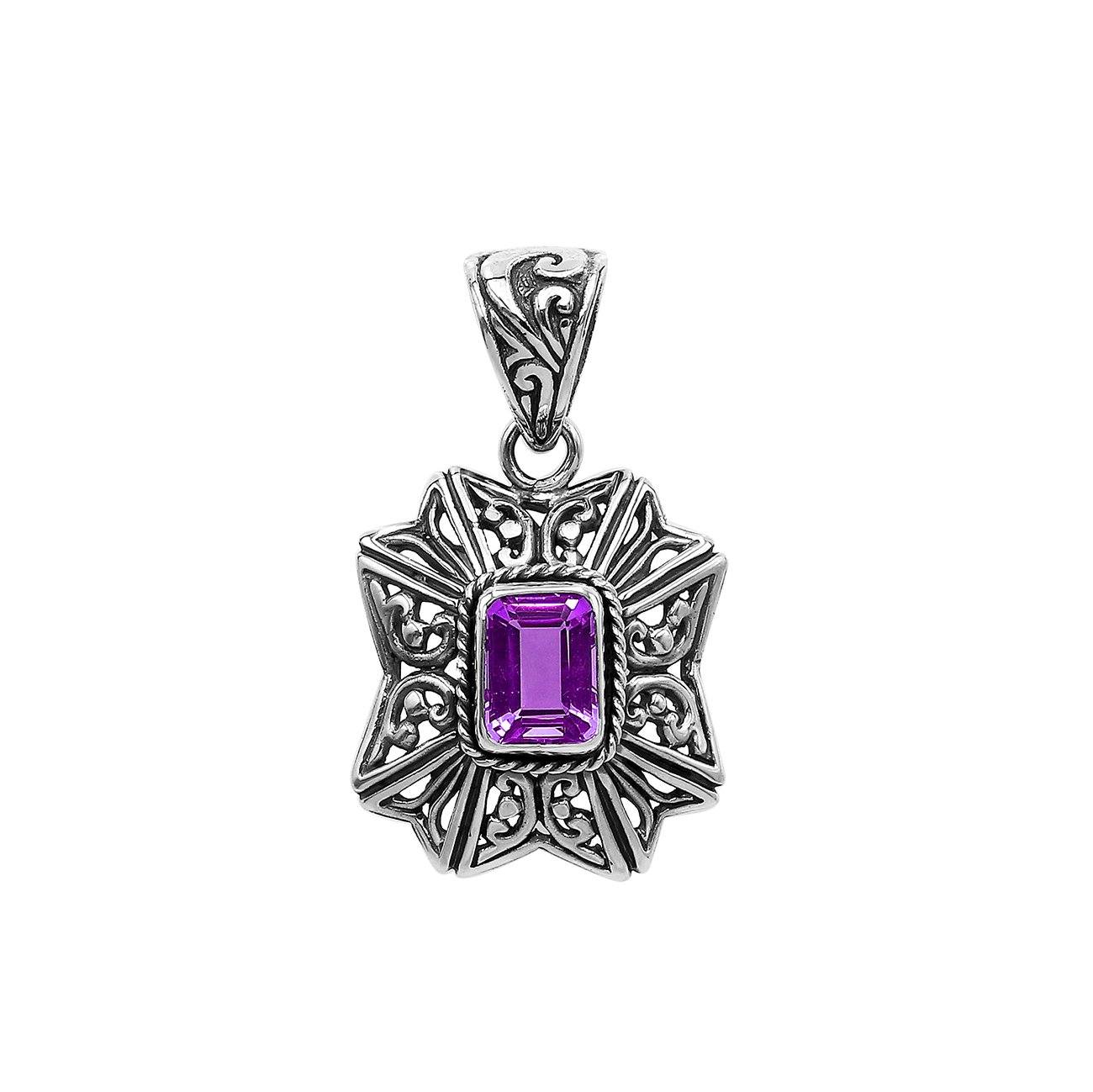 Handcrafted sterling silver rectangular pendant with Amethyst Quartz center and traditional Balinese motif design.