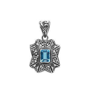 Sterling silver rectangular pendant with Blue Topaz Quartz and handcrafted Balinese filigree design.