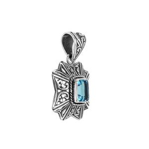 Sterling silver rectangular pendant with Blue Topaz Quartz and handcrafted Balinese filigree design.