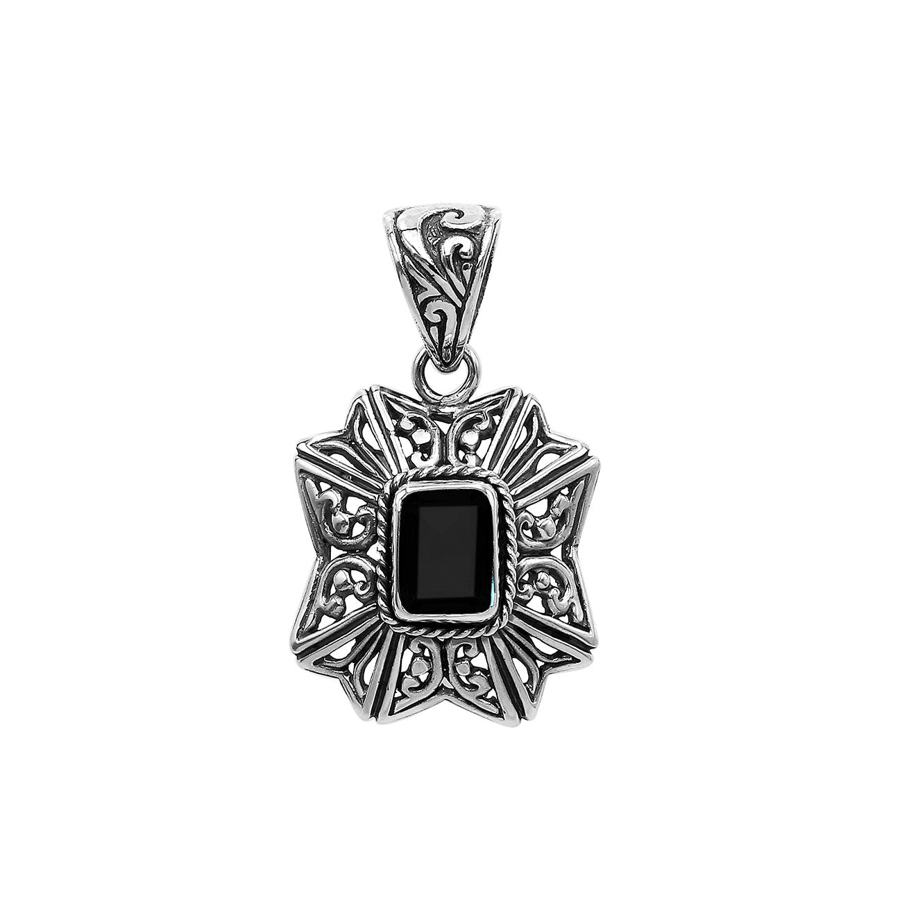 Sterling silver rectangular pendant with Black Onyx center and traditional filigree pattern handcrafted in detailed finish.