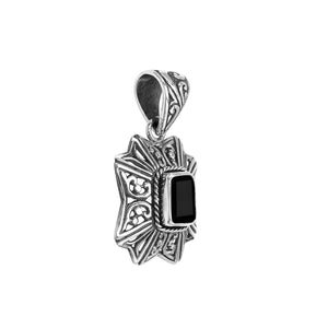 Sterling silver rectangular pendant with Black Onyx center and traditional filigree pattern handcrafted in detailed finish.