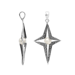 Sterling silver pendant featuring a four-point star design with White Pearl center and detailed filigree craftsmanship.